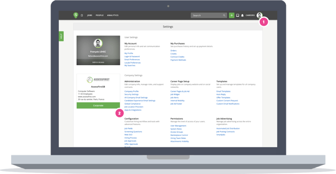 A laptop that shows How to integrate Assessfirst from Smartrecruiters settings as an admin.